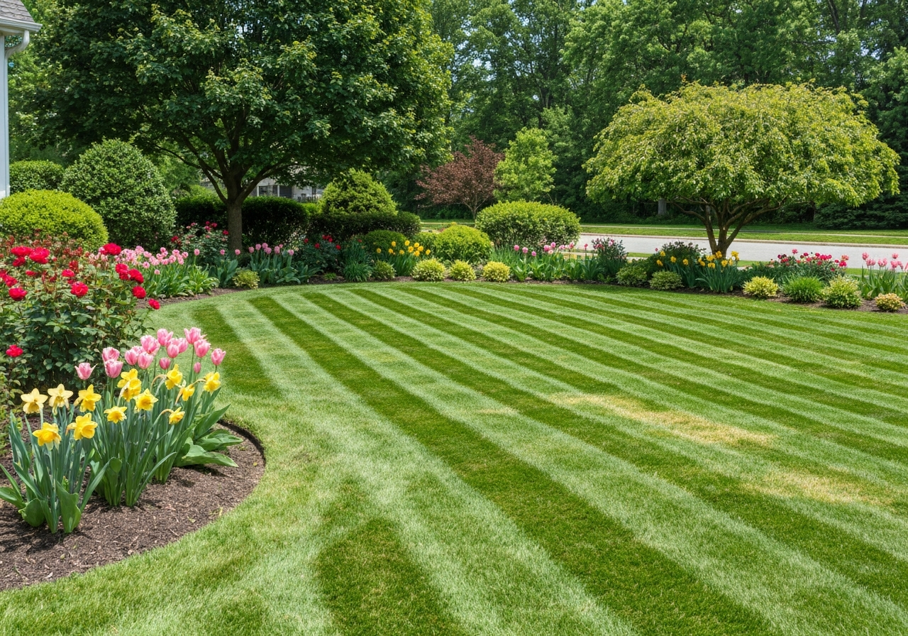 Manicured suburban lawn with perfect mowing stripes
