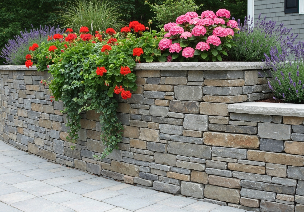 Custom stone retaining wall with vibrant plants