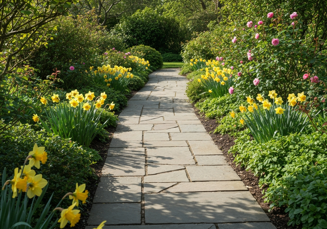 Pristine garden pathway made of natural flagstone