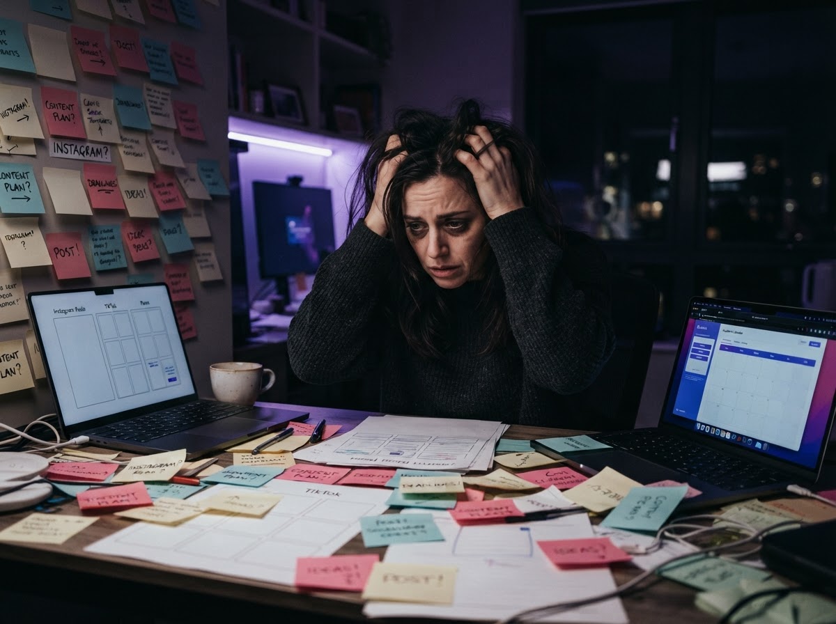 Overwhelmed business owner with blank content templates
