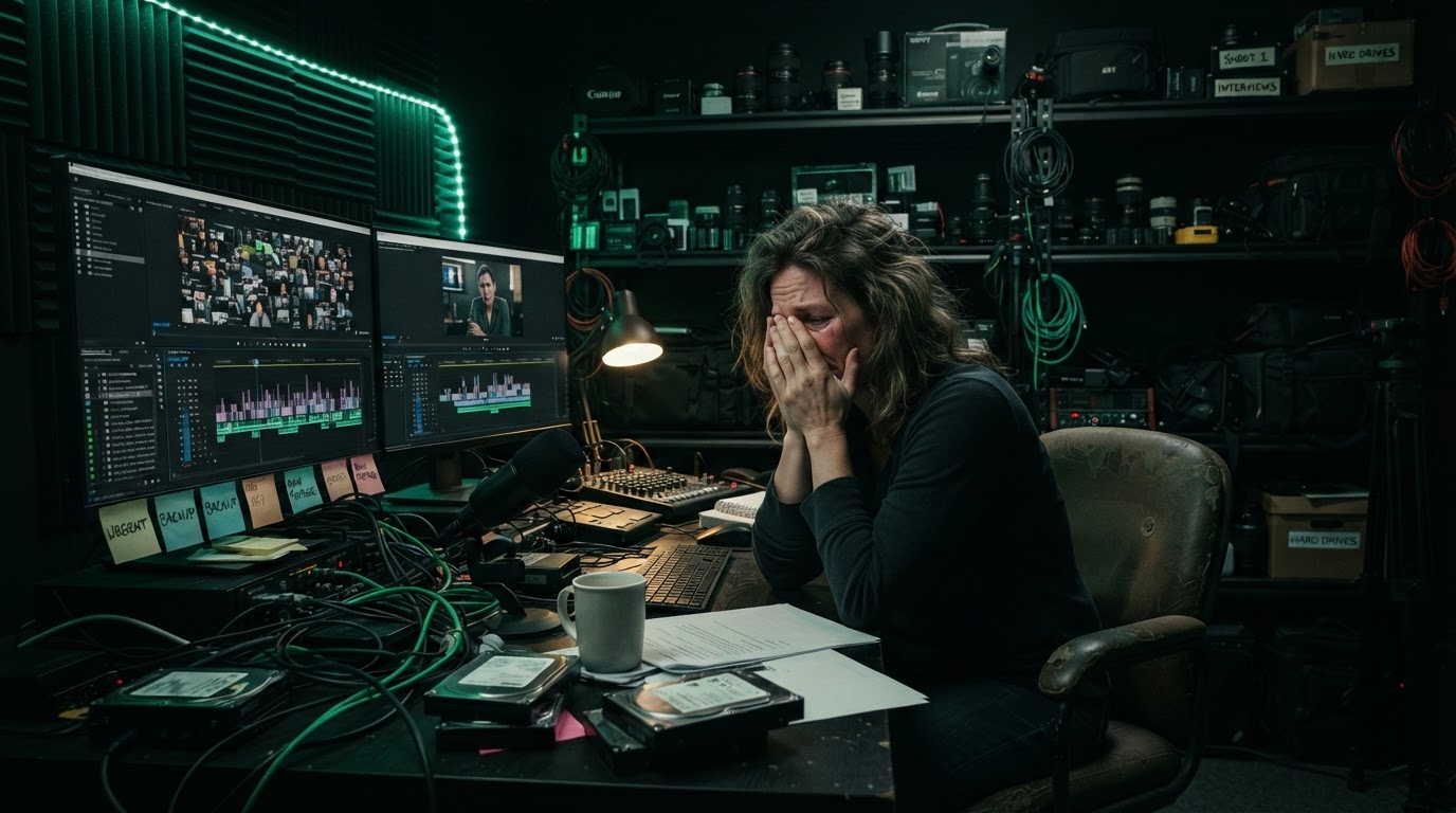 Overwhelmed business owner with video production equipment