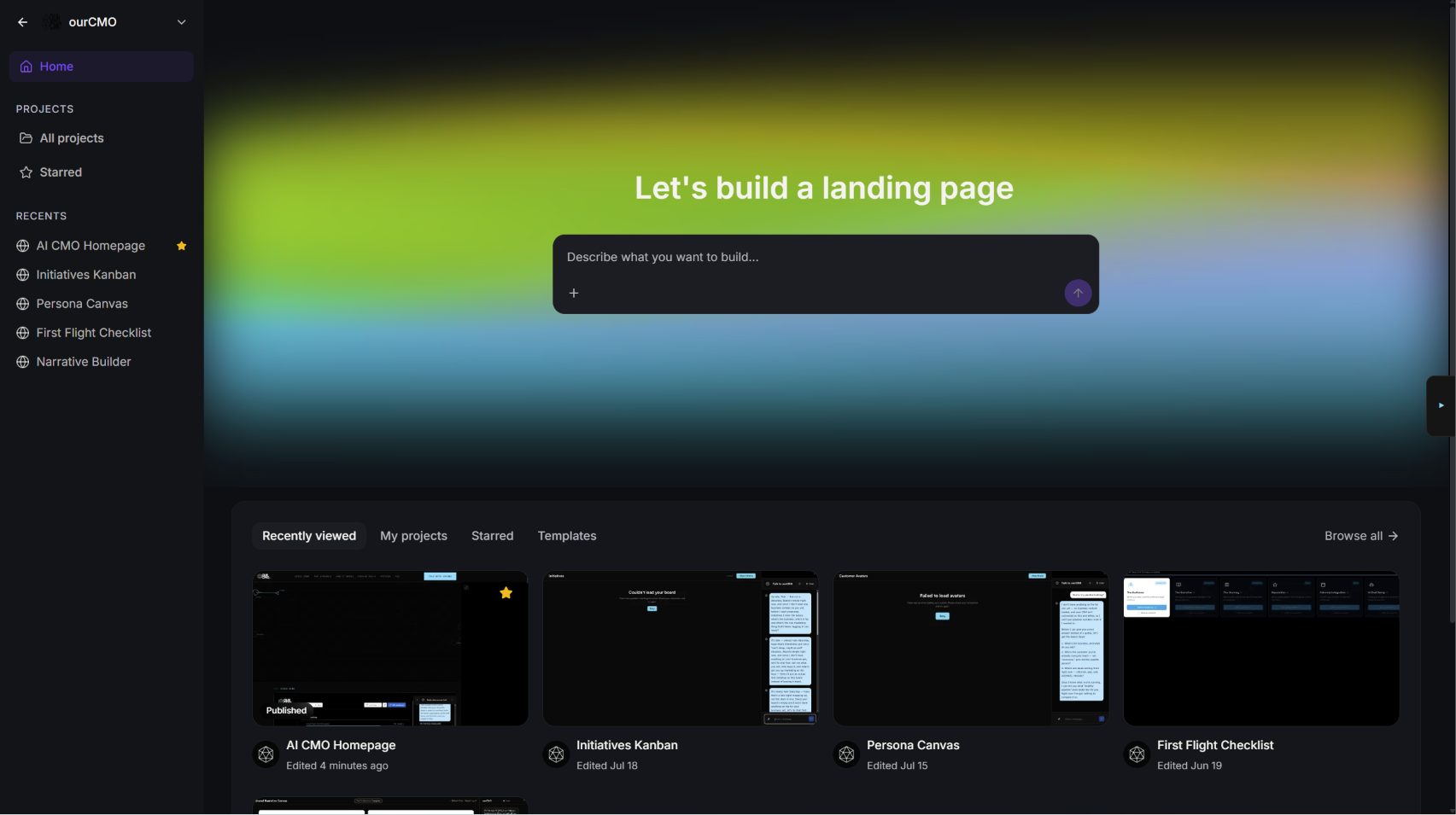Project dashboard showing recently built pages and templates