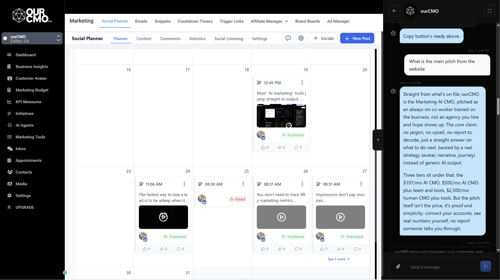 Social media planner showing scheduled posts with AI chat assistance