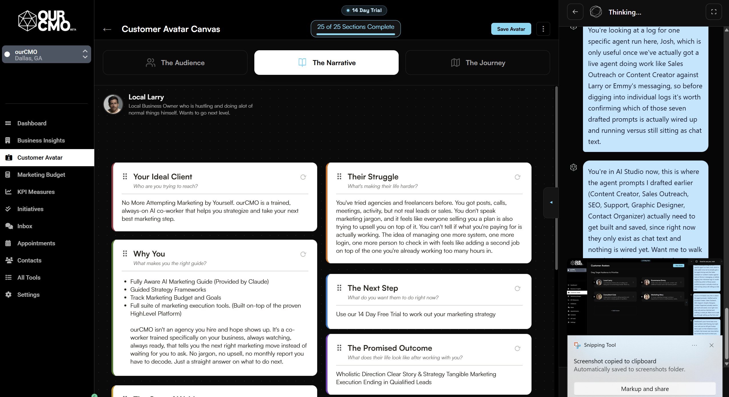 Customer Avatar Narrative Canvas showing Your Ideal Client, Their Struggle, Why You, The Next Step, The Promised Outcome sections