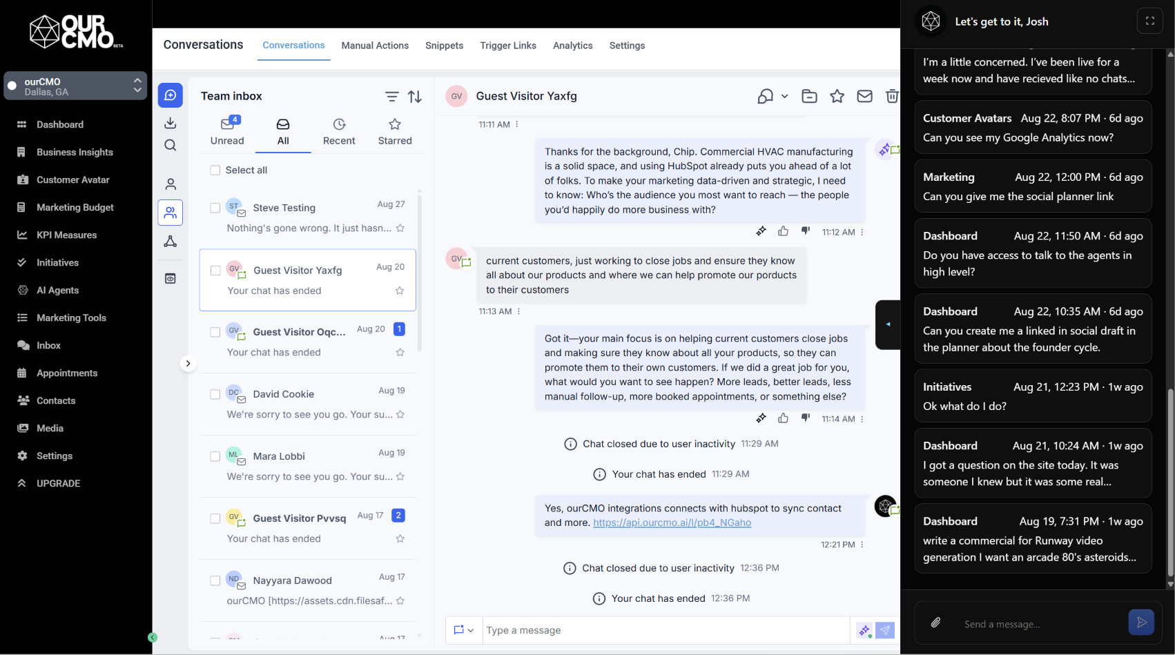 Team inbox showing conversations with AI-suggested replies from ourCMO