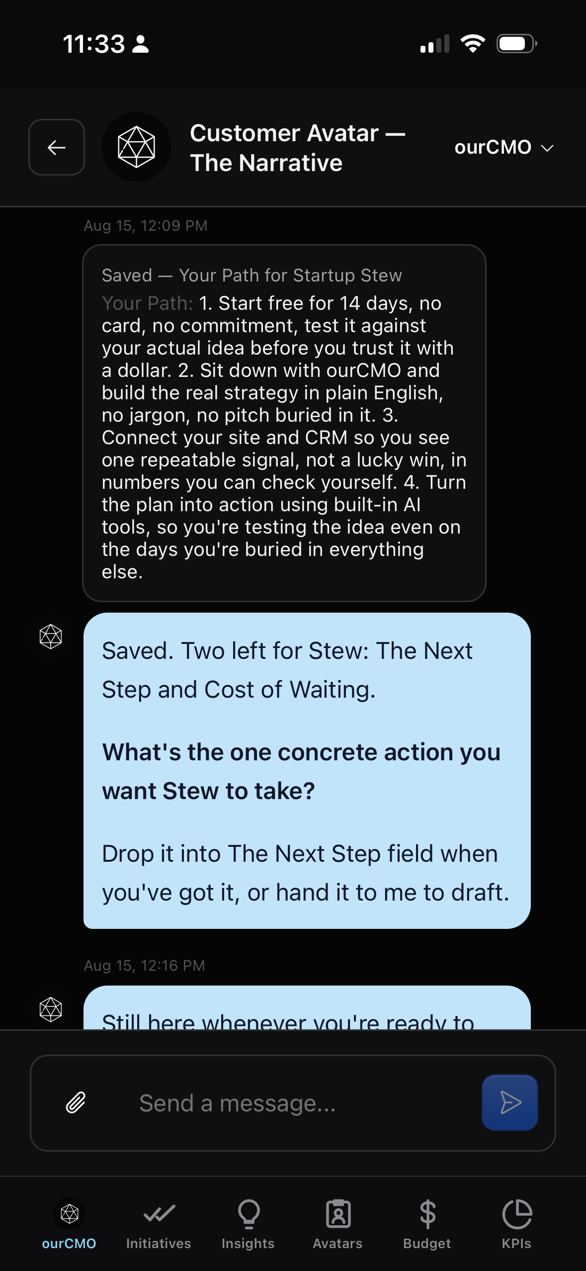 ourCMO mobile chat showing saved customer avatar narrative and next step