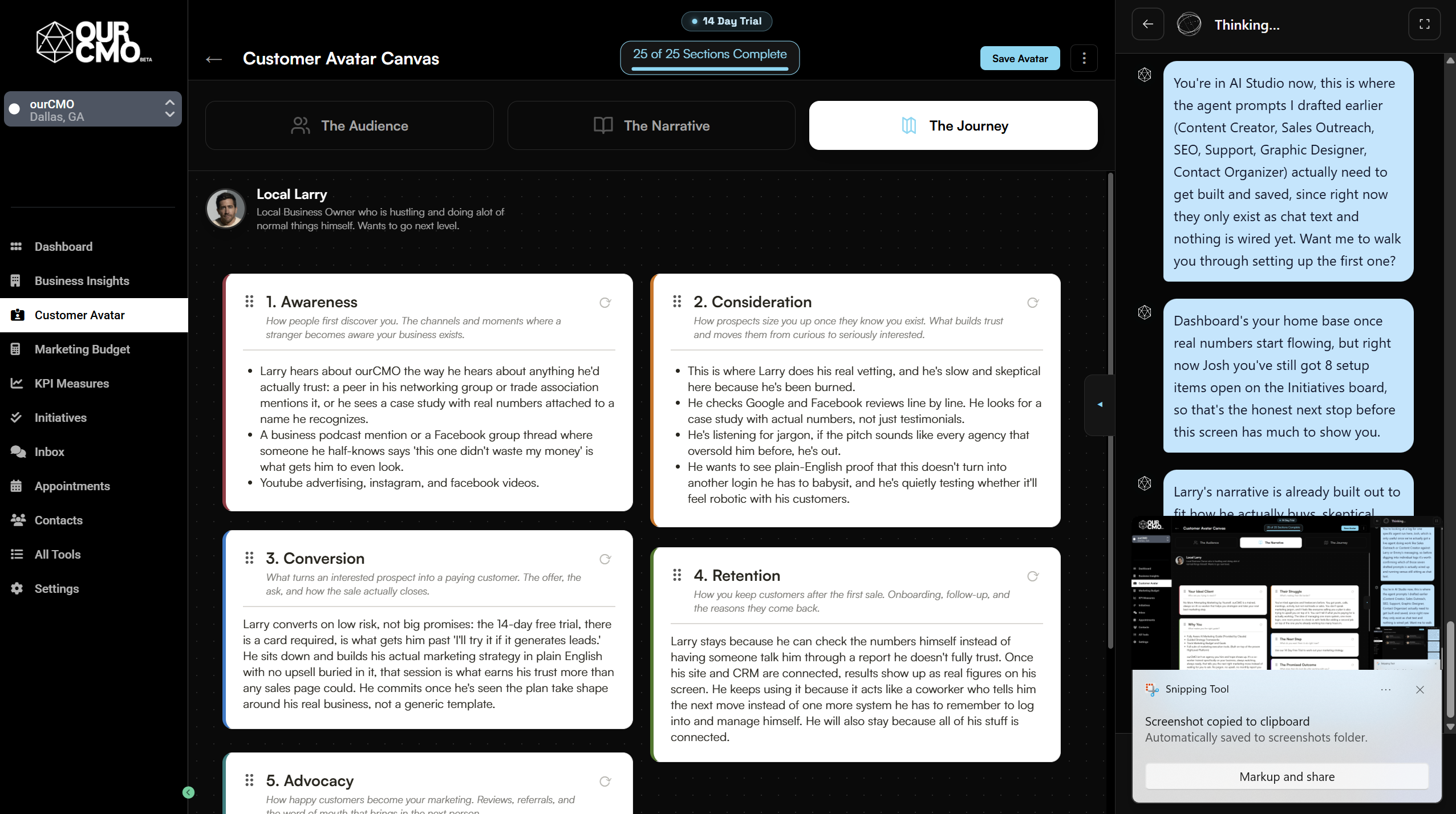 Customer Avatar Journey Canvas showing Awareness, Consideration, Conversion, Retention stages with detailed narrative for each phase