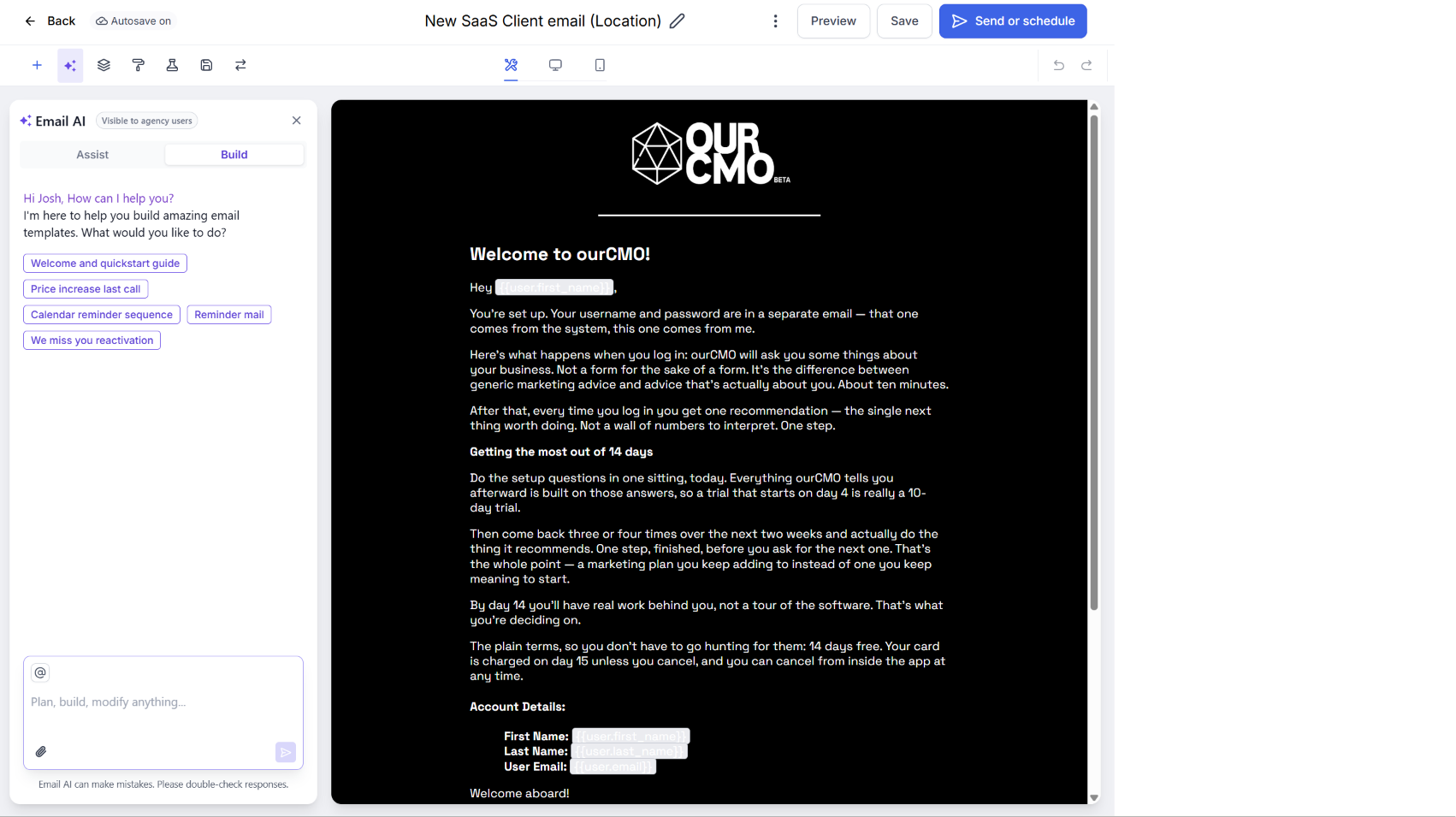 Email builder with AI drafting a client welcome campaign
