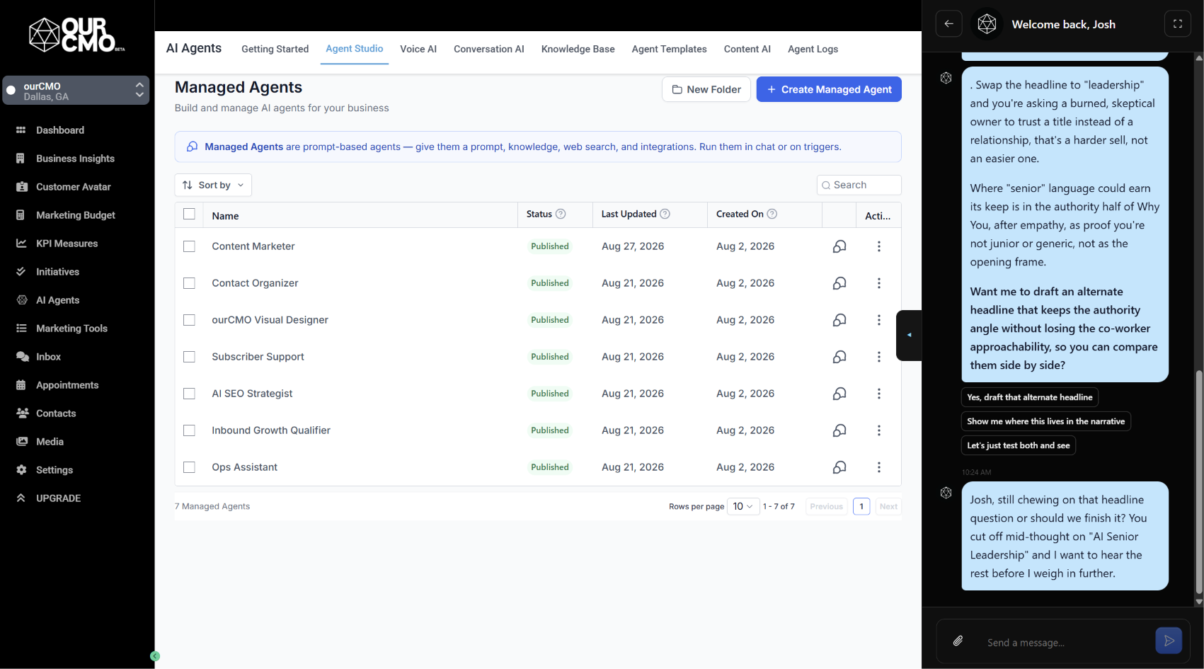 AI agents management screen showing published marketing agents
