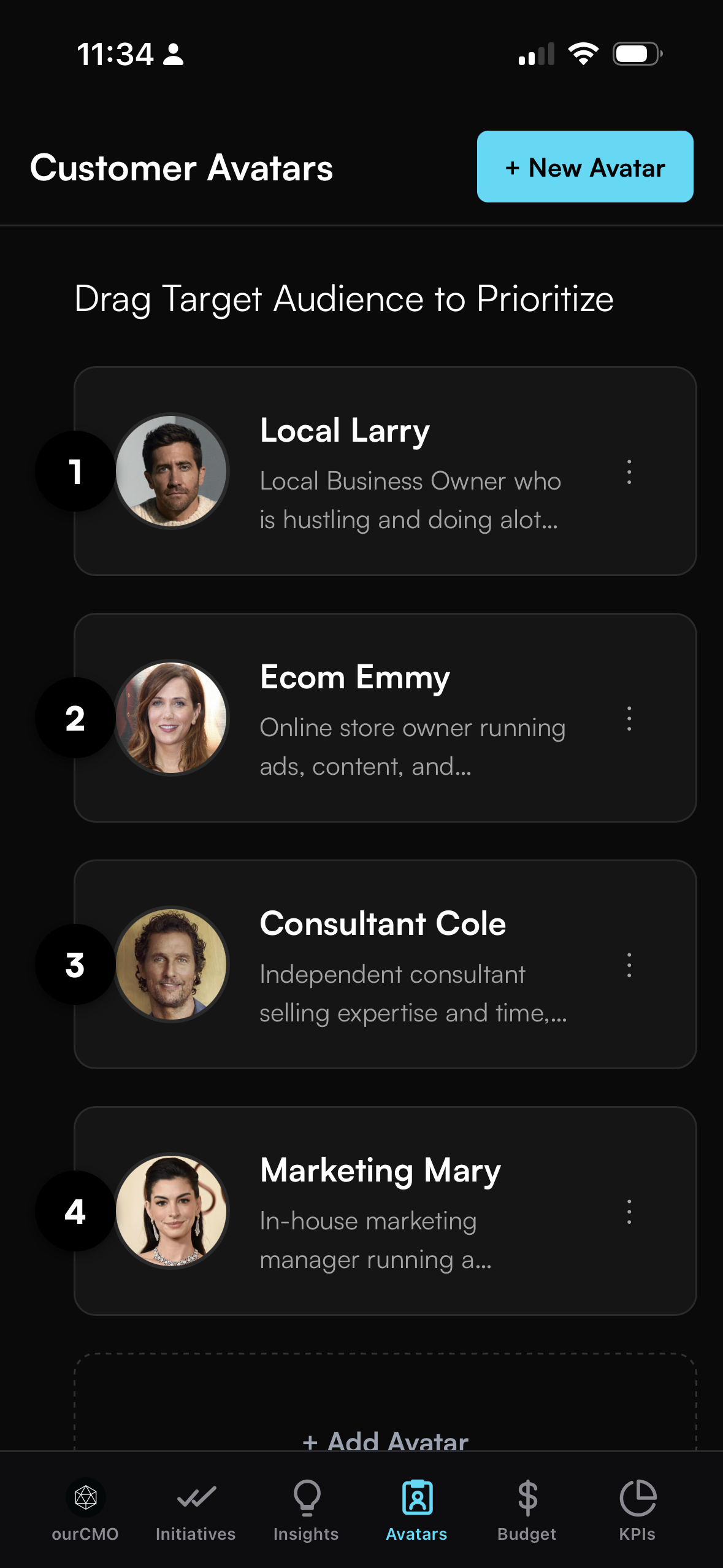 ourCMO mobile Customer Avatars screen showing prioritized target audience profiles
