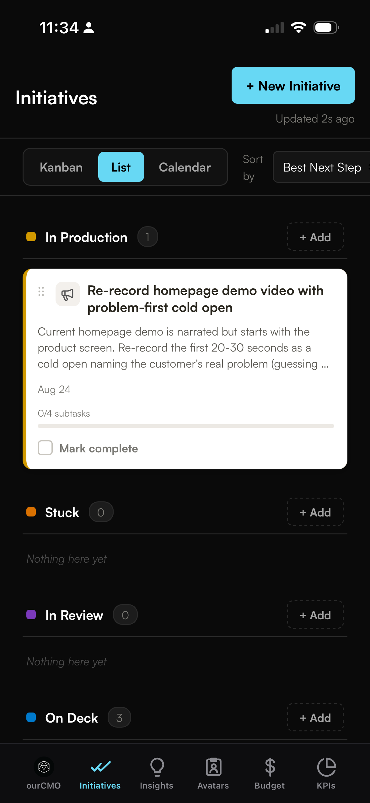 ourCMO mobile Initiatives board showing tasks sorted by best next step