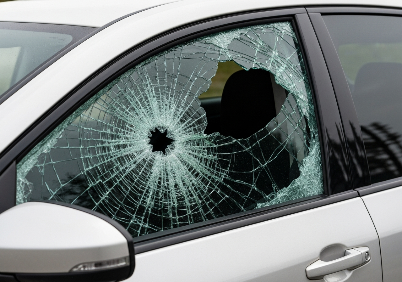 Shattered side window before replacement