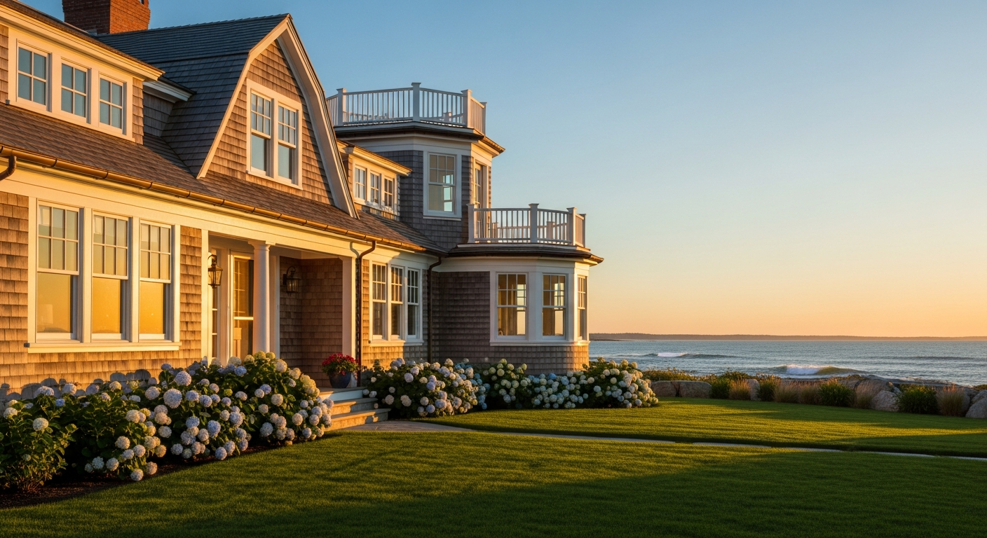 A beautiful luxury coastal New England home on the North Shore of Massachusetts at golden hour