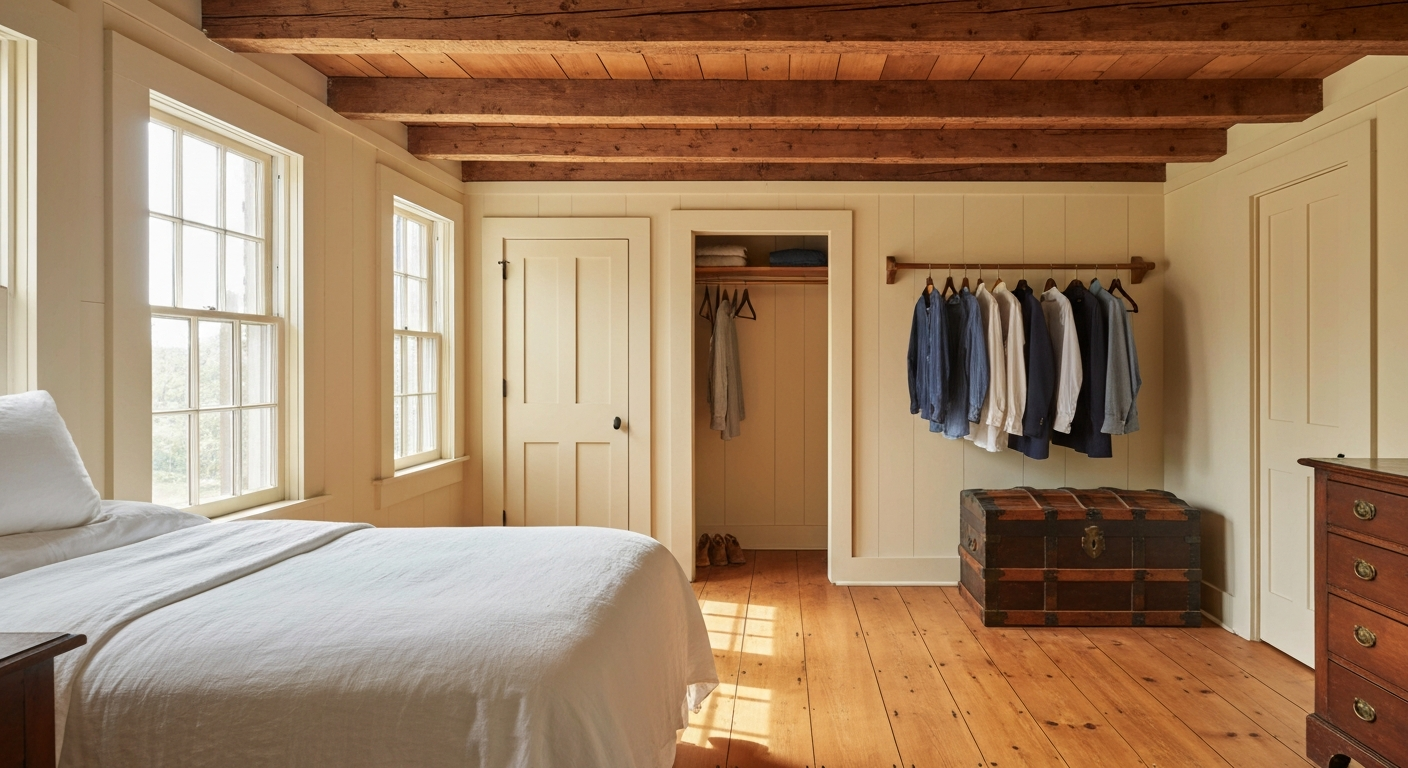 Historic Colonial bedroom with tiny original closet in a North Shore antique home