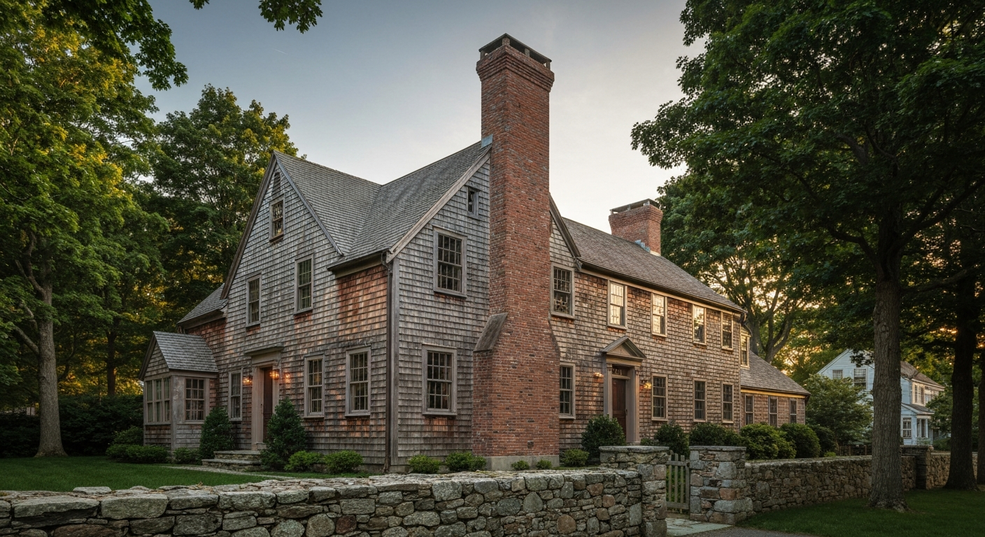 Ultra high resolution, cinematic editorial photograph of a beautifully restored First Period colonial antique home on the North Shore of Massachusetts, featuring weathered wood clapboard siding, a steep pitched roof, and a massive central brick chimney, surrounded by mature trees and a historic stone wall, golden hour lighting.