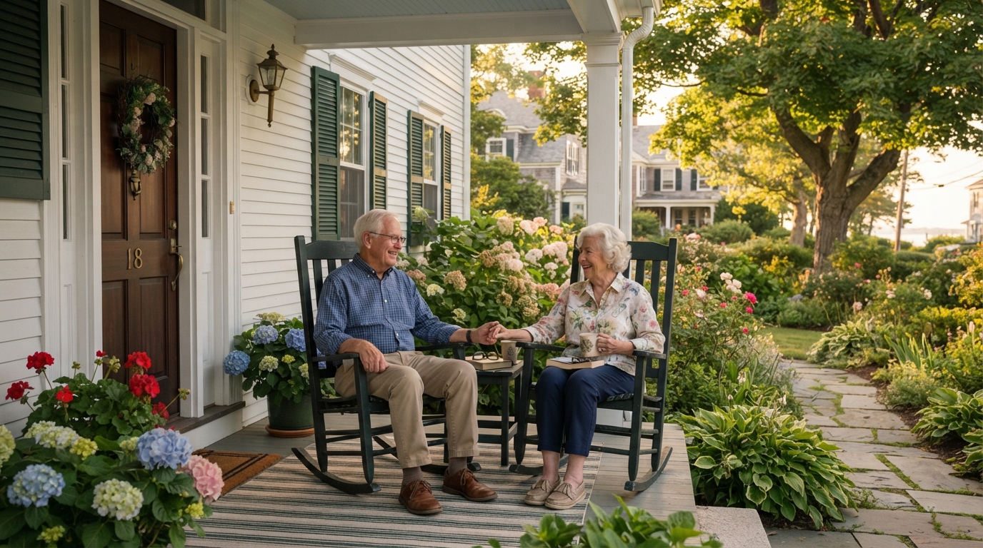 Senior couple relaxing on the front porch of their North Shore colonial home