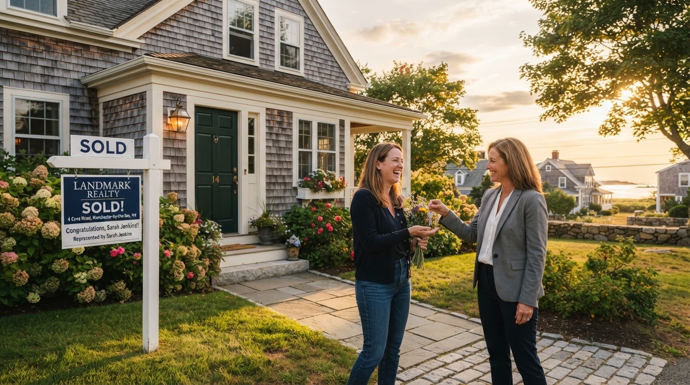 New England home exterior with keys being handed over at closing