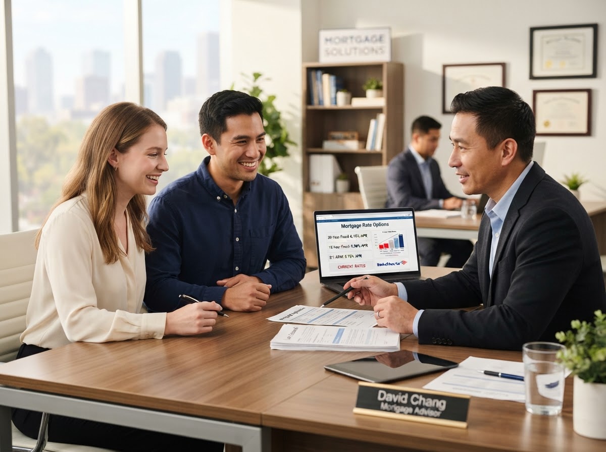 A couple meeting with a mortgage lender to discuss loan options and credit scores