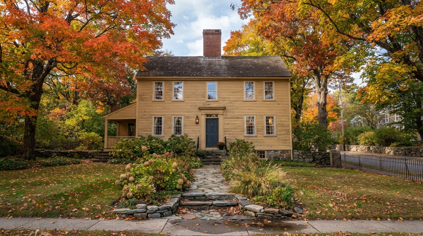 Antique Colonial home in Ipswich Massachusetts showing preserved exterior