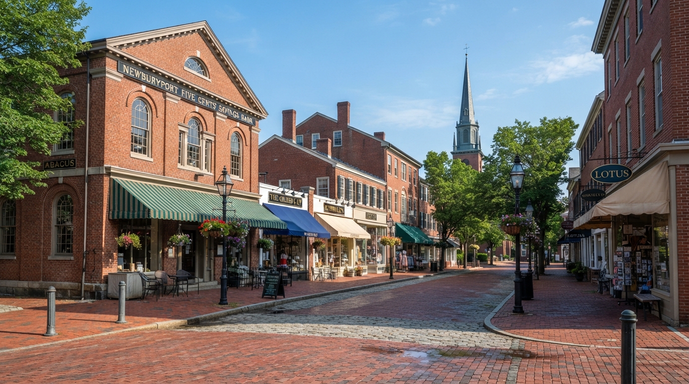 Market Square in Newburyport Massachusetts showing historic Federal-style brick storefronts and Inn Street pedestrian walkway
