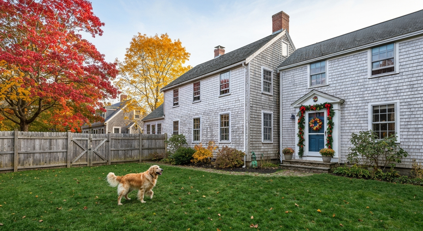 A classic New England home with a large fenced backyard and a dog in Manchester-by-the-Sea