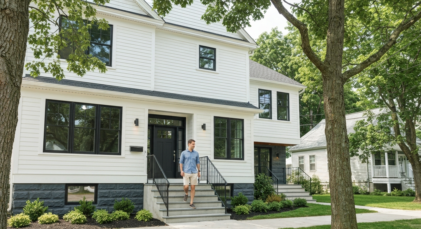 A modern, well-maintained two-family home in Beverly Massachusetts with a bright exterior, a young diverse couple walking up the front steps