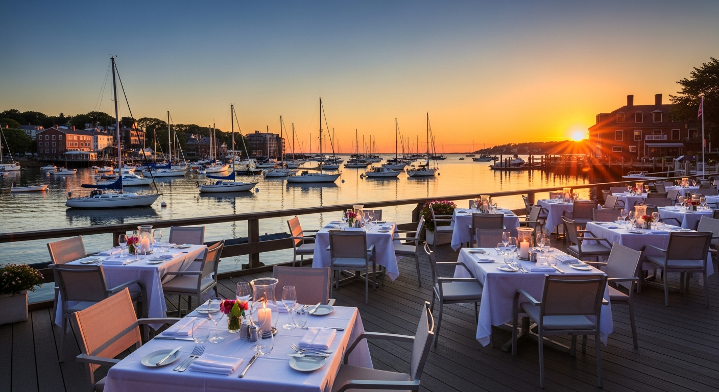 Ultra high resolution, cinematic editorial photograph of a beautiful waterfront restaurant patio on Boston's North Shore at sunset.