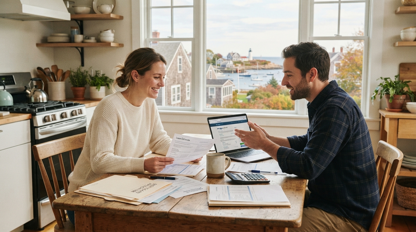 Couple reviewing mortgage documents at kitchen table