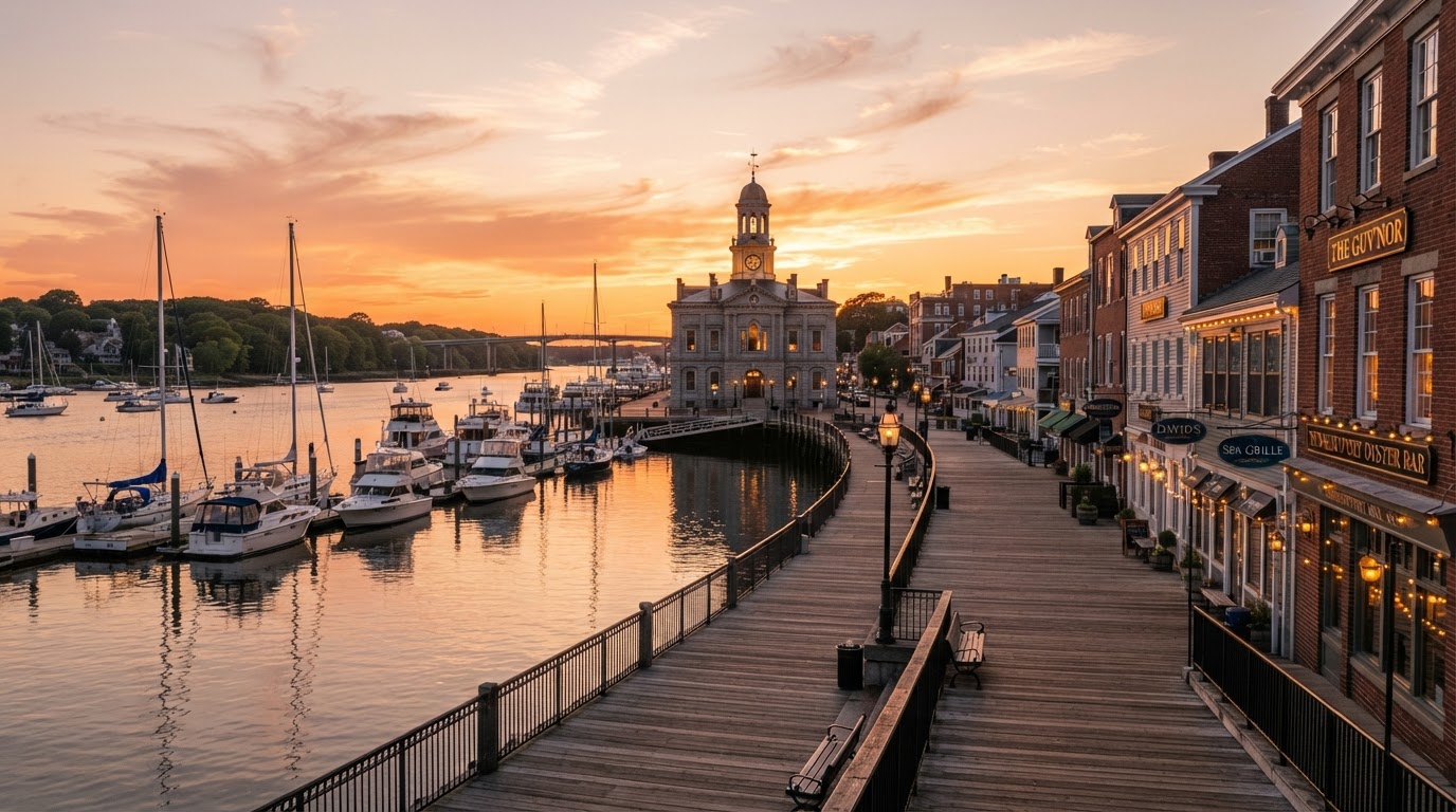 Newburyport Merrimack River waterfront boardwalk at sunset showing shops, restaurants, and boats moored along the river