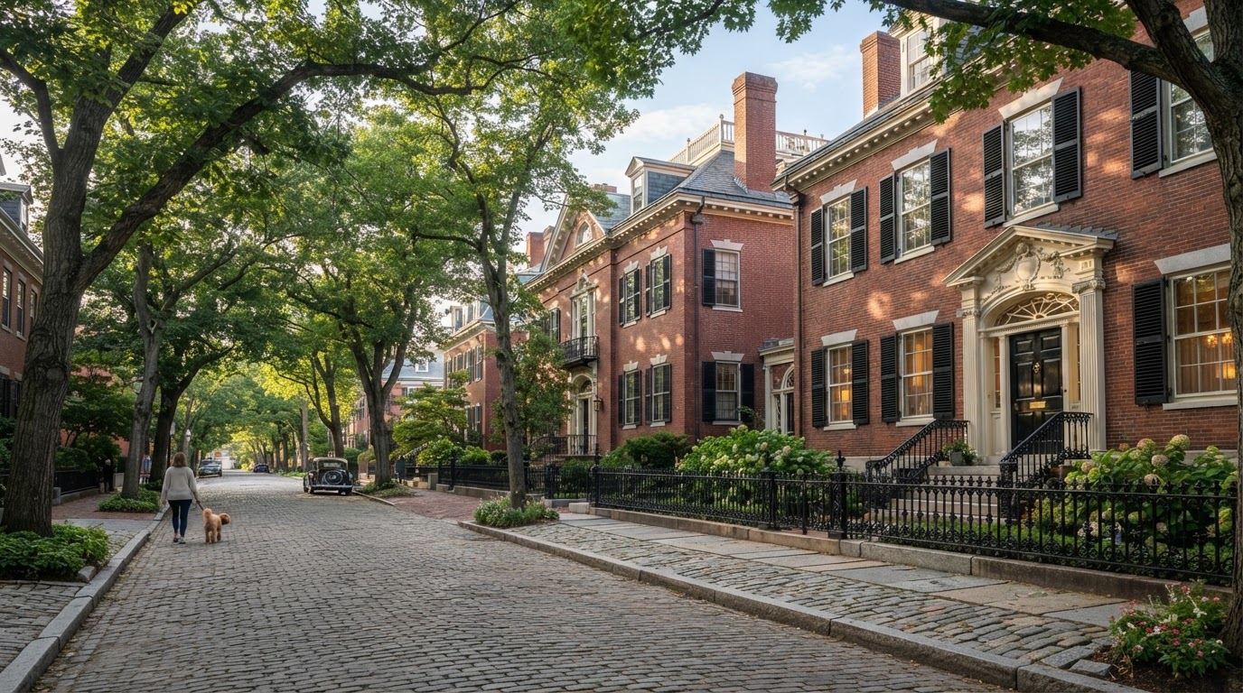 The McIntire Historic District in Salem Massachusetts with grand Federal-style brick mansions and mature shade trees