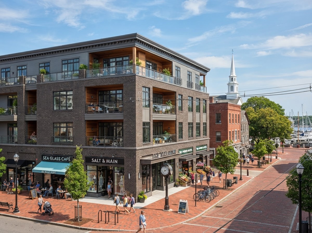 Condominium building in a walkable North Shore downtown