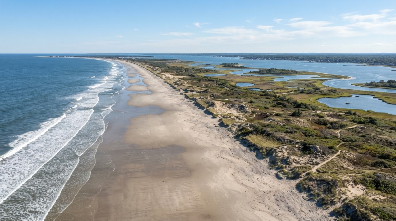Plum Island Massachusetts barrier beach at low tide showing nine miles of sandy shoreline and dunes