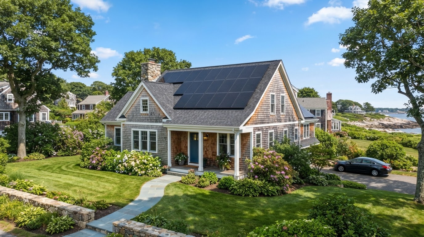 North Shore home with rooftop solar panels in bright sunlight