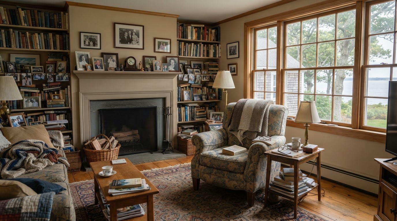 Warm, lived-in living room of a North Shore senior homeowner with family photos and personal touches