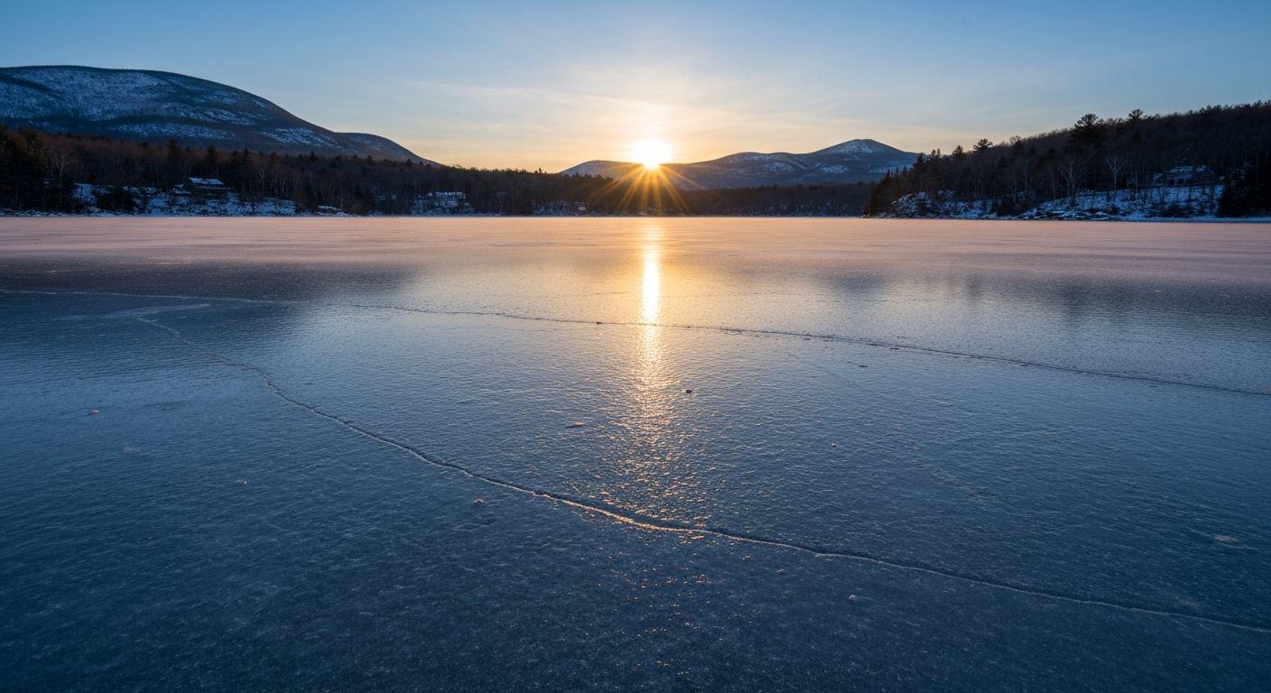 A pristine frozen lake in New England at dawn, capturing the harsh, cold beauty of a winter morning on the North Shore.
