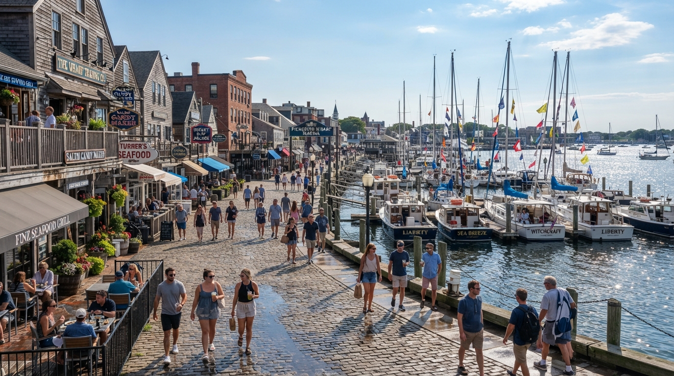 Pickering Wharf in Salem Massachusetts with cobblestone walkways, boutique shops, and sailboats in the marina