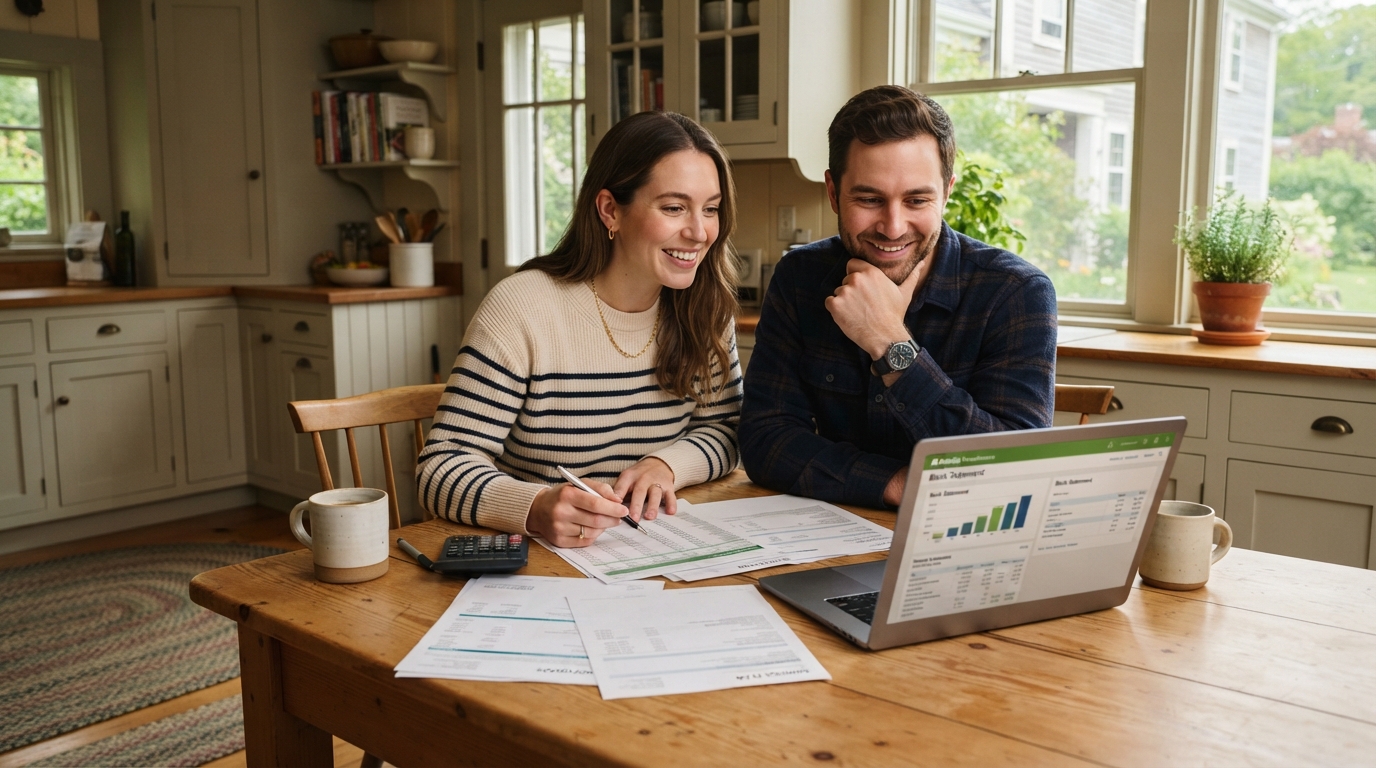 Young couple reviewing financial paperwork at a kitchen table — calculating home affordability on the North Shore