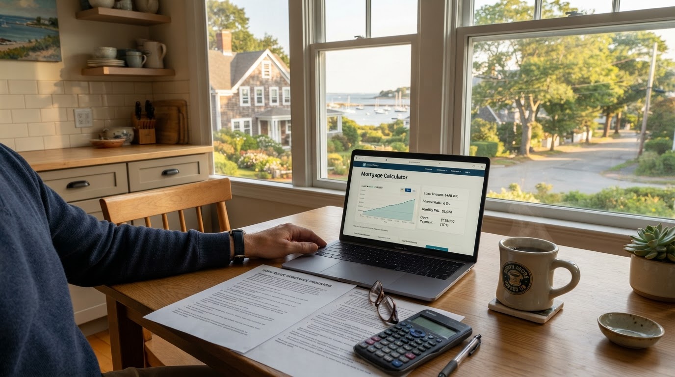 Mortgage calculator and down payment assistance documents on a kitchen table