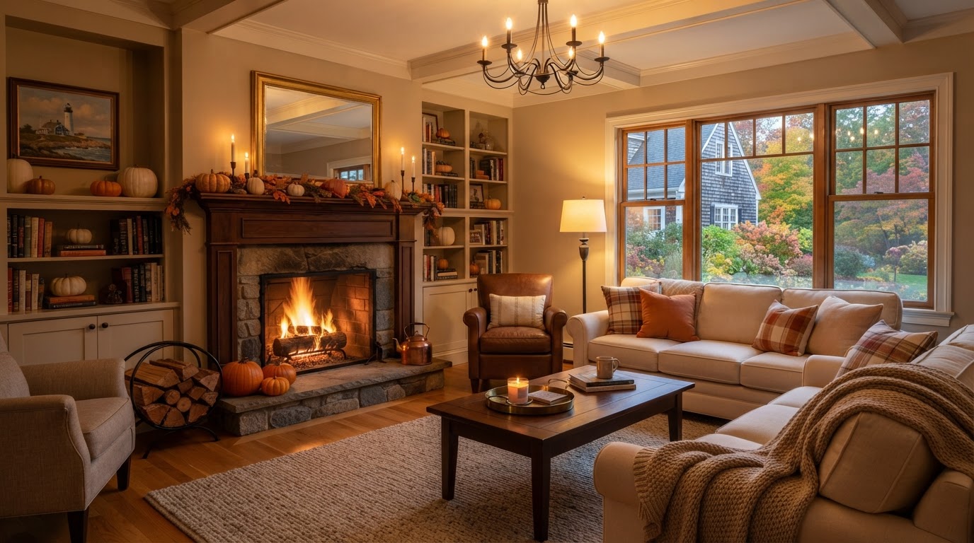 Cozy North Shore living room with wood-burning fireplace