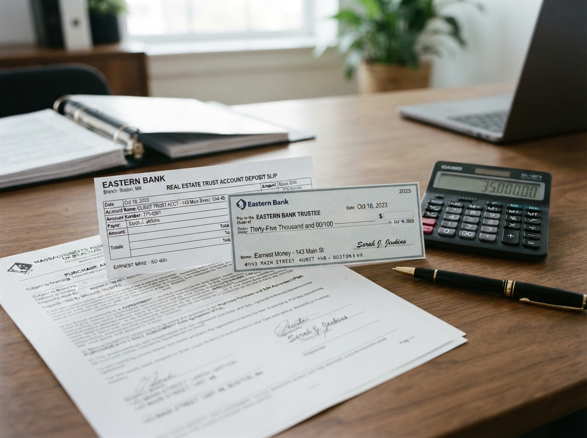 Earnest money deposit check and Massachusetts real estate paperwork