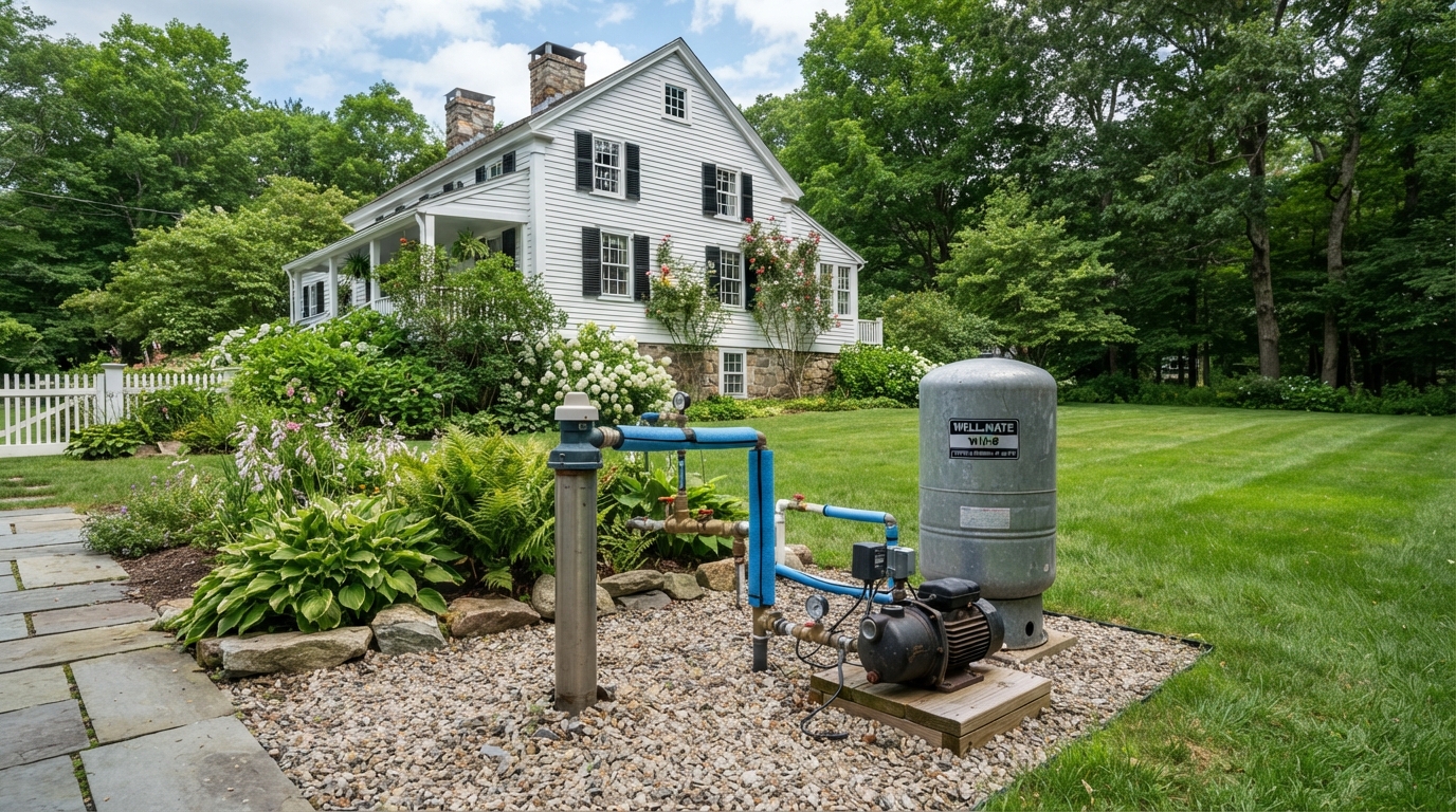 Private well pump system outside a New England colonial home