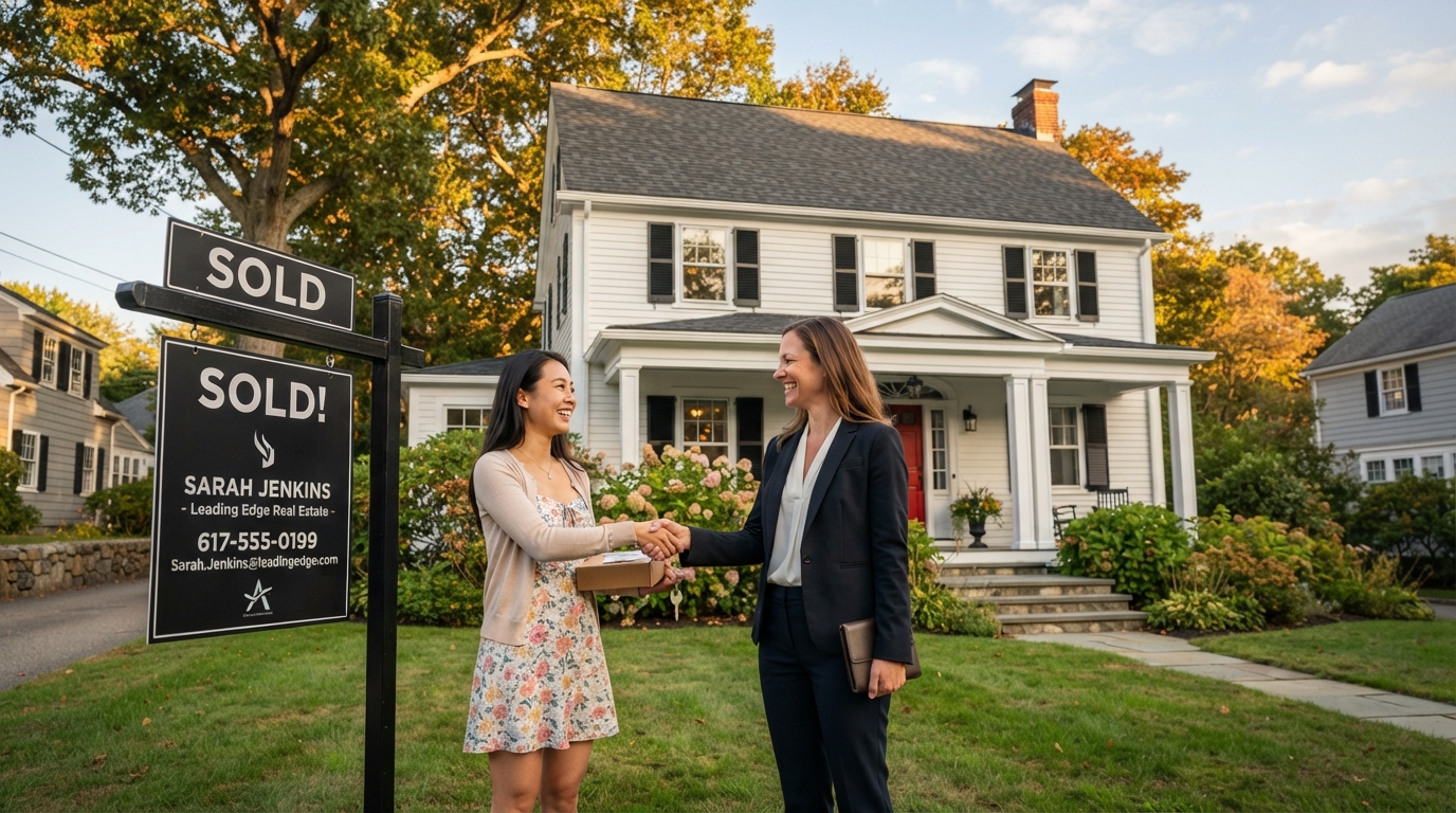 Real estate agent and client in front of a New England colonial home with SOLD sign