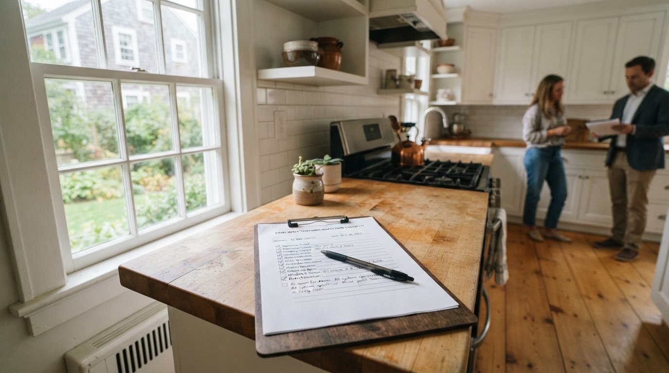 Final walk-through checklist on a kitchen counter in a New England home