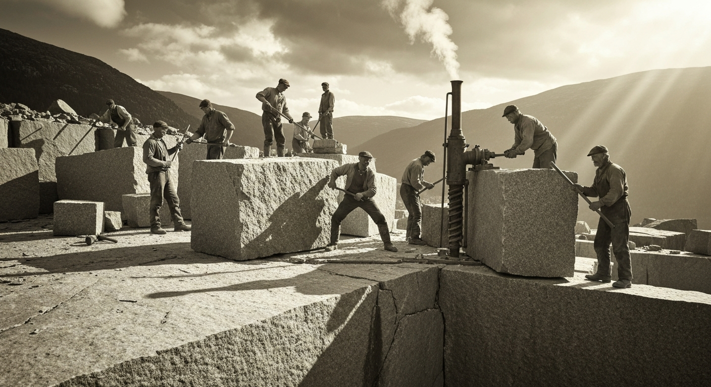 Historic late-1800s granite quarry workers cutting Cape Ann granite