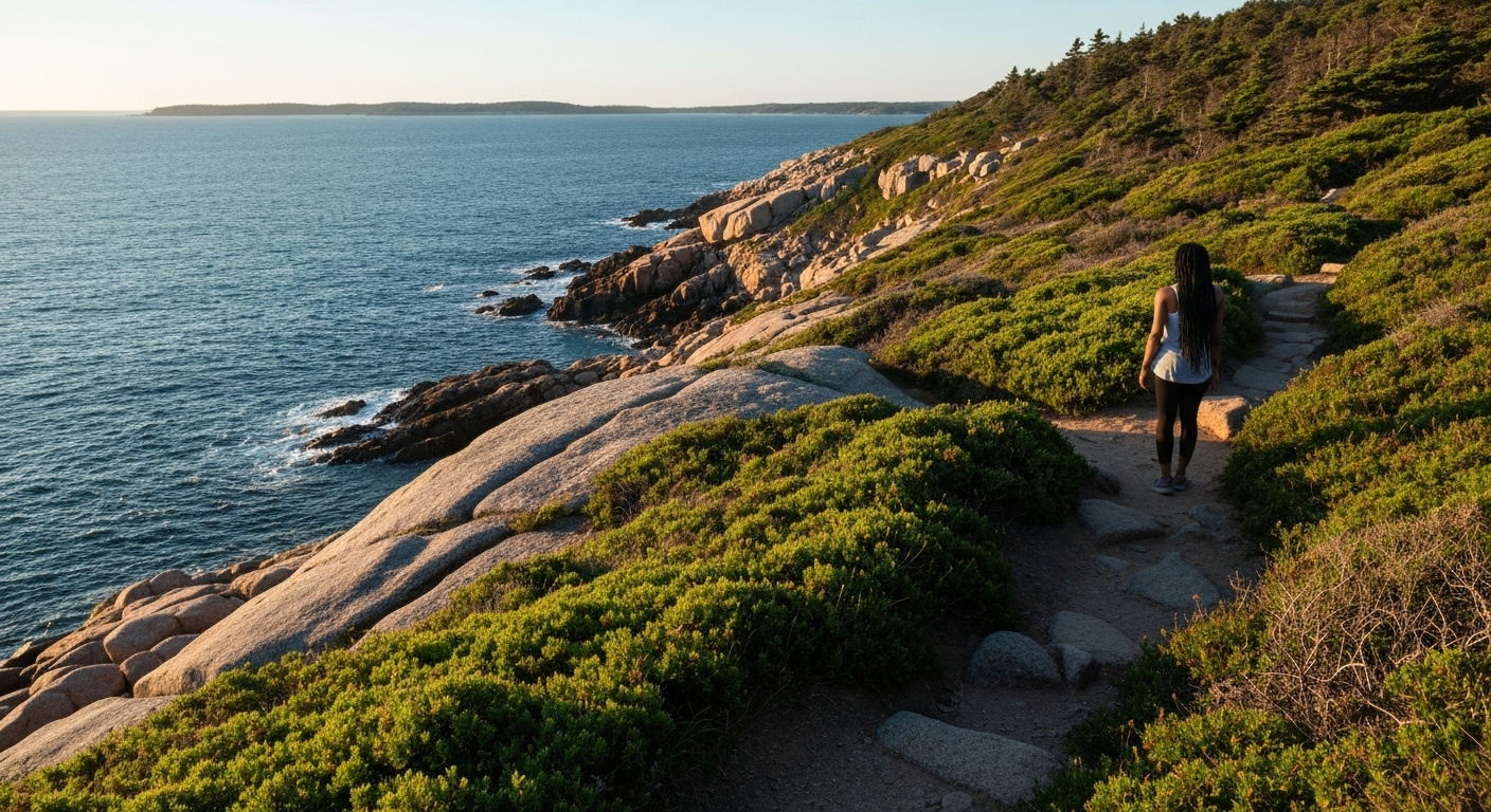 Ultra high resolution, cinematic editorial photograph of a beautiful coastal nature trail on Boston's North Shore at golden hour.