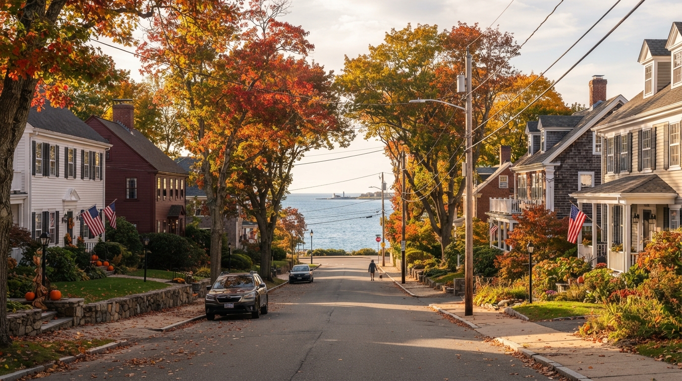 Quiet residential street in Swampscott Massachusetts with classic New England colonial homes