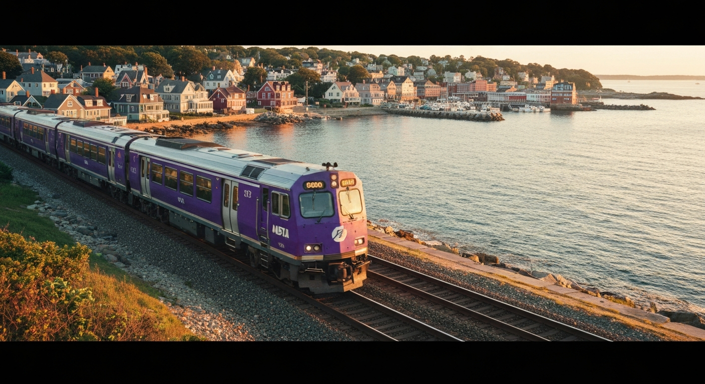 A purple MBTA commuter rail train speeding alongside the scenic coastal waters of the North Shore of Massachusetts at sunrise
