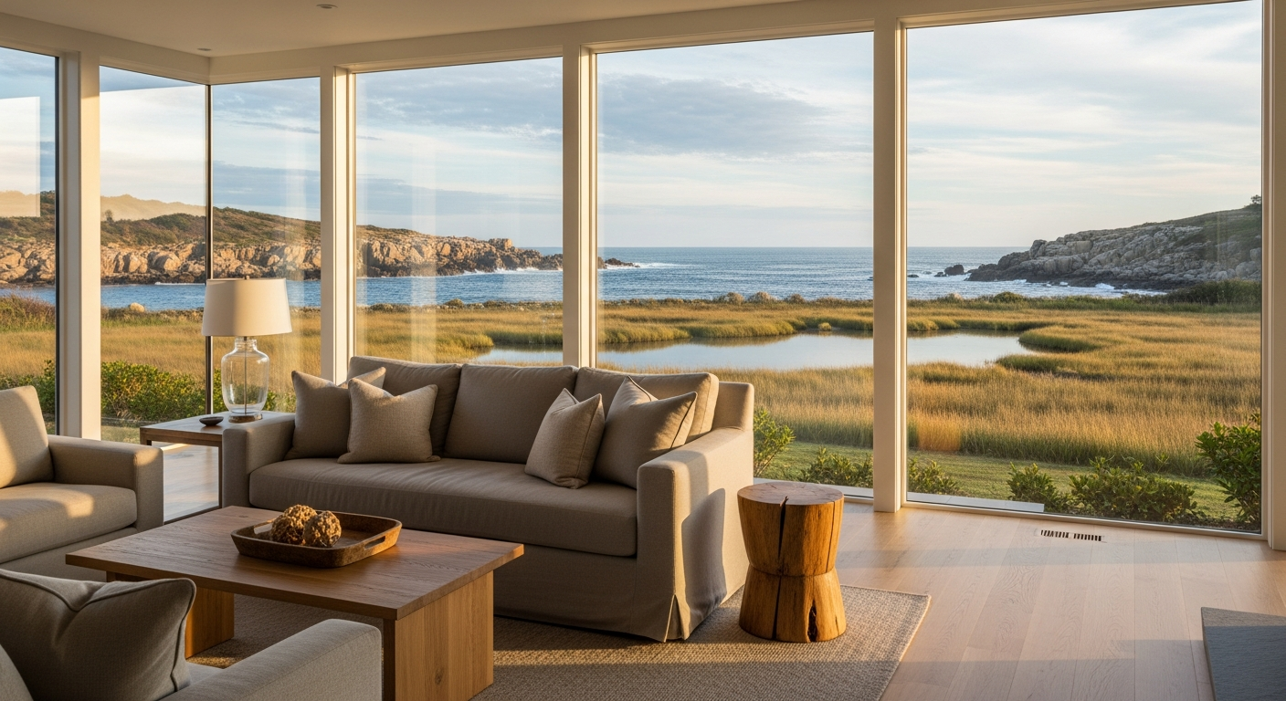 A refined North Shore Massachusetts coastal home interior with tailored furnishings, oak floors, and large windows looking toward a rocky shoreline and salt marsh.