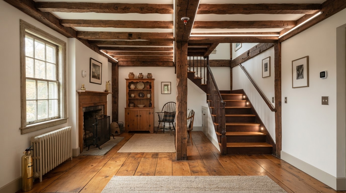 Restored historic New England home interior showing original beams with modern safety updates