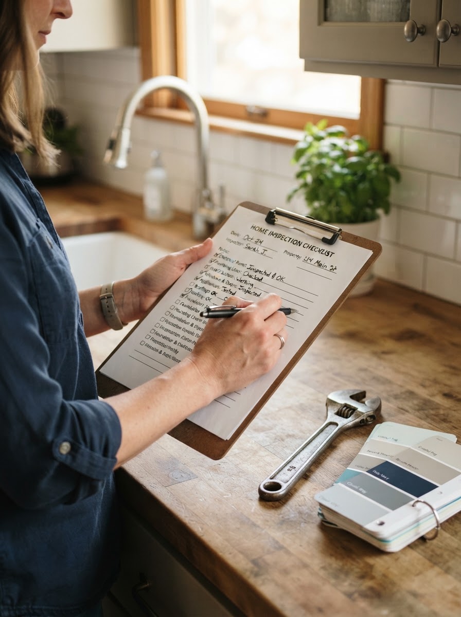 Homeowner reviewing a home inspection checklist with tools and paint swatches on a kitchen counter